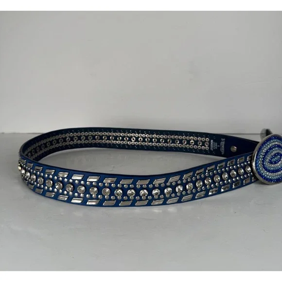 Nocona Genuine Blue/Silver Leather Western Belt Rhinestone Bedazzled Womens Y2K